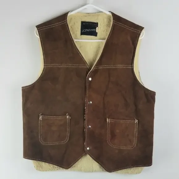 Vintage Suede Sherpa Vest Sz M Brown Cream Coastal Cowboy Western Yellowstone - Picture 1 of 3